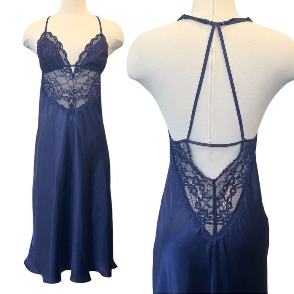 In Bloom by Jonquil Stretch Lace Silky Satin Deep Blue Sheer Chemise Slip Dress - Picture 2 of 7